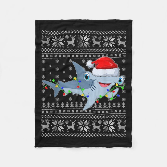 Ugly Sweater Xmas Lights Santa Hammerhead Shark Ch Fleece Blanket (Front)