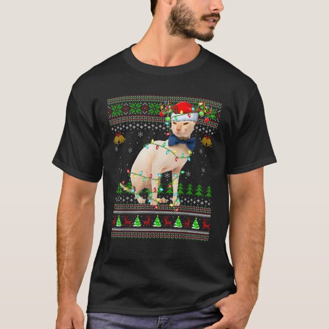 Ugly Sweater Xmas Lights Santa Hat Sphynx Cat Chri (Front)