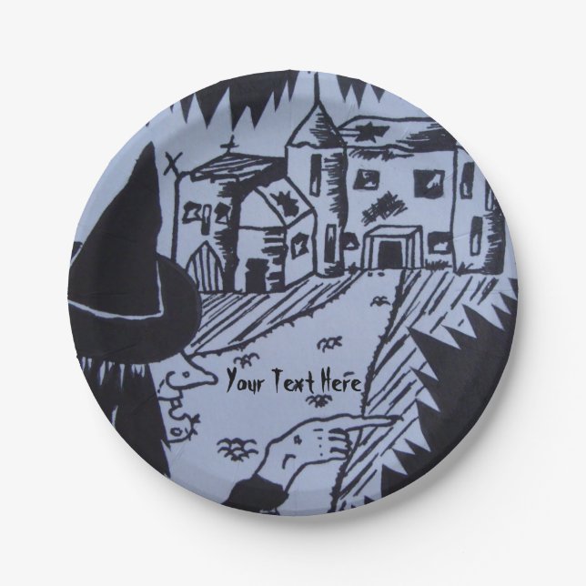 ugly witch knarled hand haunted house halloween paper plate (Front)