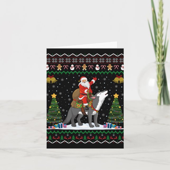 Ugly Wolf Xmas Gift Santa Riding Wolf Christmas  Card (Front)