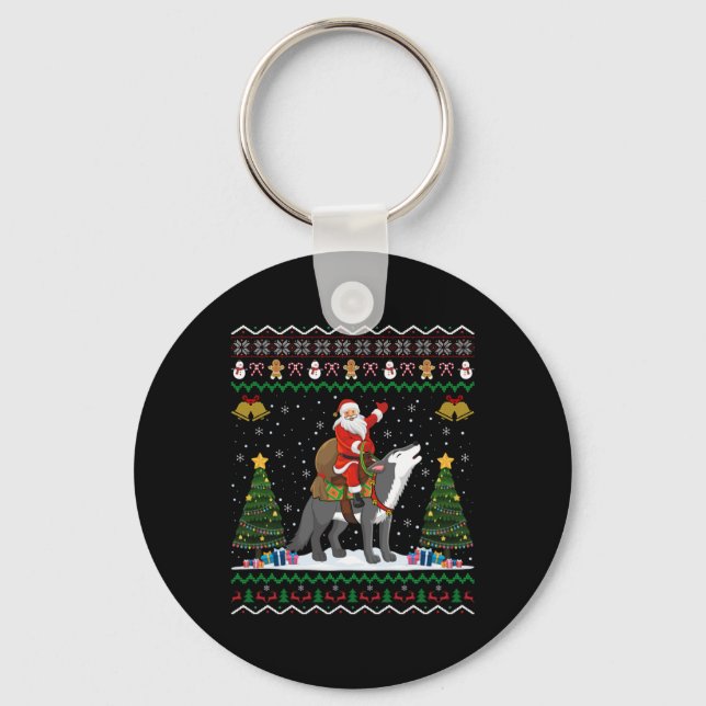 Ugly Wolf Xmas Gift Santa Riding Wolf Christmas T  Key Ring (Front)