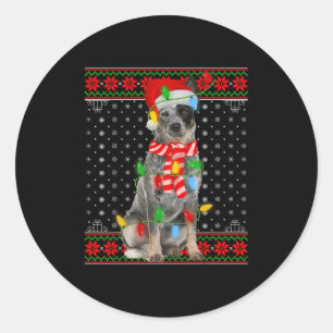 Ugly Xmas Dog Lights Santa Hat Blue Heeler Dog Chr Classic Round Sticker