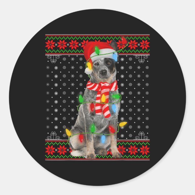 Ugly Xmas Dog Lights Santa Hat Blue Heeler Dog Chr Classic Round Sticker (Front)