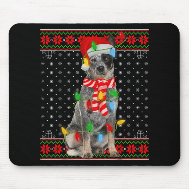 Ugly Xmas Dog Lights Santa Hat Blue Heeler Dog Chr Mouse Mat (Front)