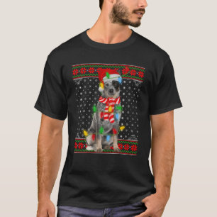 Ugly Xmas Dog Lights Santa Hat Blue Heeler Dog Chr T-Shirt