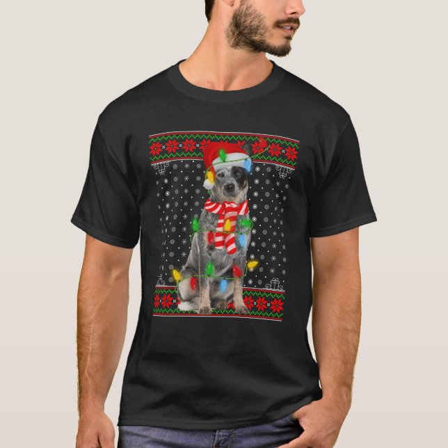 Ugly Xmas Dog Lights Santa Hat Blue Heeler Dog Chr T-Shirt (Front)