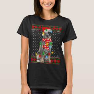 Ugly Xmas Dog Lights Santa Hat Blue Heeler Dog Chr T-Shirt