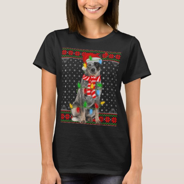 Ugly Xmas Dog Lights Santa Hat Blue Heeler Dog Chr T-Shirt (Front)