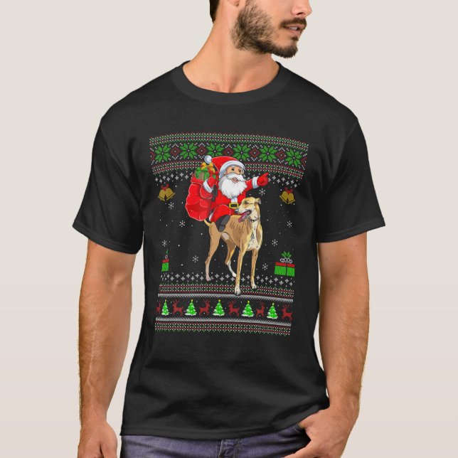 Ugly Xmas Funny Santa Claus Riding Greyhound Chris T-Shirt (Front)