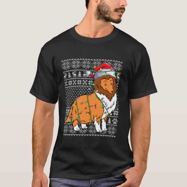 Ugly Xmas Lighting Santa Hat Collie Dog Christmas  T-Shirt (Front)