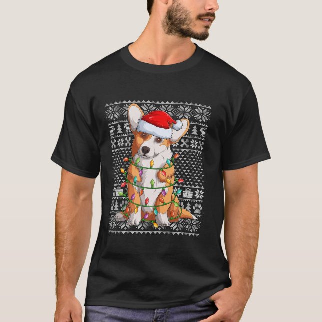 Ugly Xmas Lighting Santa Hat Corgi Dog Christmas  T-Shirt (Front)