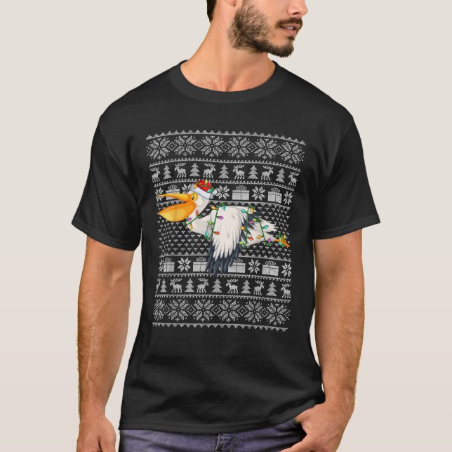 Ugly Xmas Lighting Santa Hat Pelican Bird Christma T-Shirt (Front)