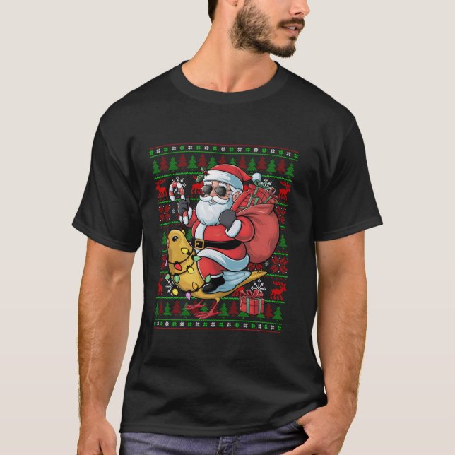 Ugly Xmas Lights Funny Santa Riding Canary Bird Ch T-Shirt (Front)