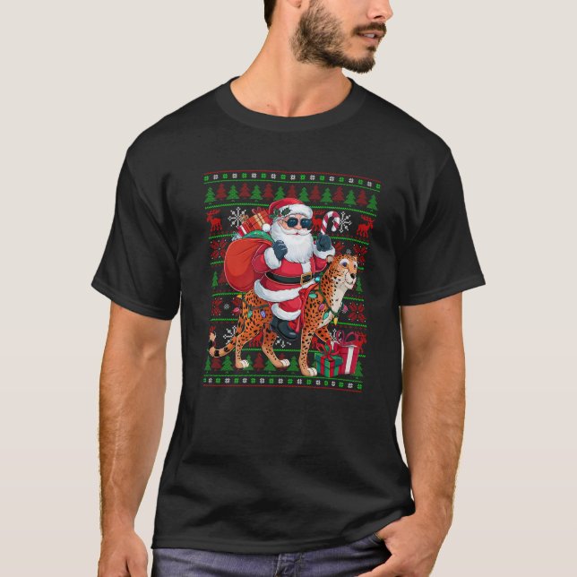 Ugly Xmas Lights Funny Santa Riding Cheetah Christ T-Shirt (Front)
