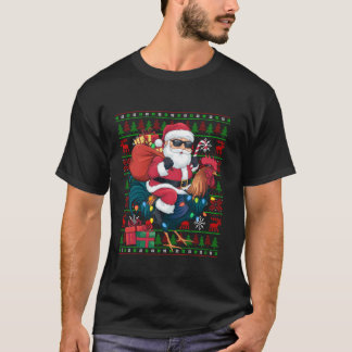 Ugly Xmas Lights Funny Santa Riding Rooster Bird C T-Shirt