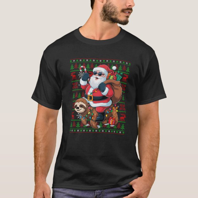 Ugly Xmas Lights Funny Santa Riding Sloth Christma T-Shirt (Front)