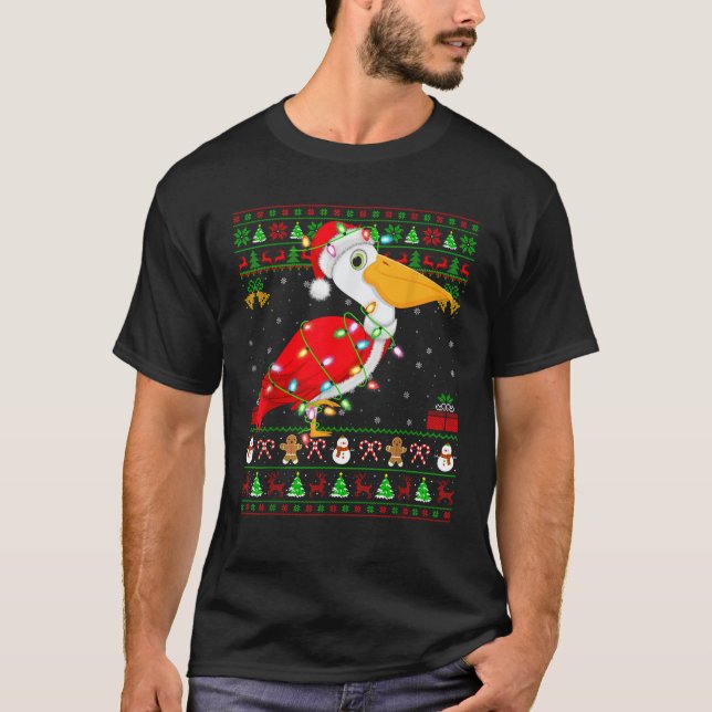Ugly Xmas Lights Santa Costume Pelican Bird Christ T-Shirt (Front)