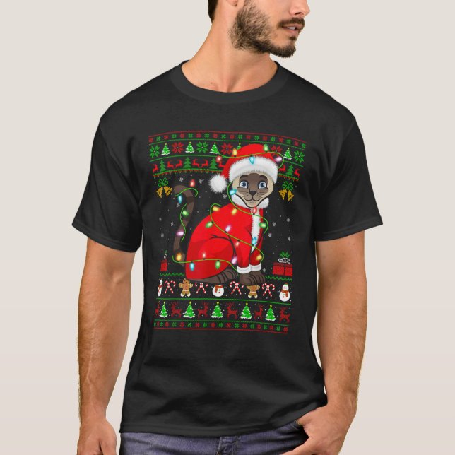 Ugly Xmas Lights Santa Costume Siamese Cat Christm T-Shirt (Front)