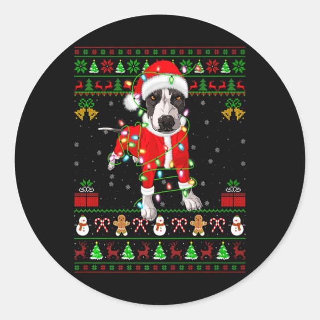 Ugly Xmas Lights Santa Tbull Dog Christmas  Classic Round Sticker (Front)