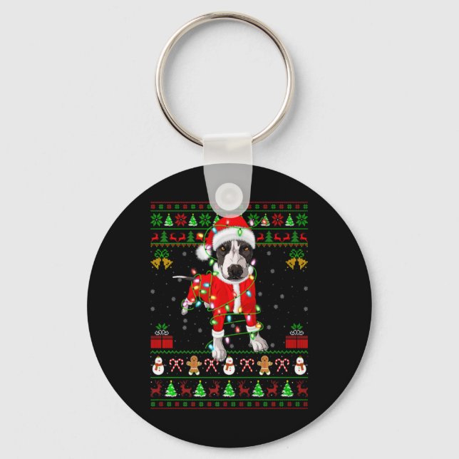 Ugly Xmas Lights Santa Tbull Dog Christmas T Shirt Key Ring (Front)