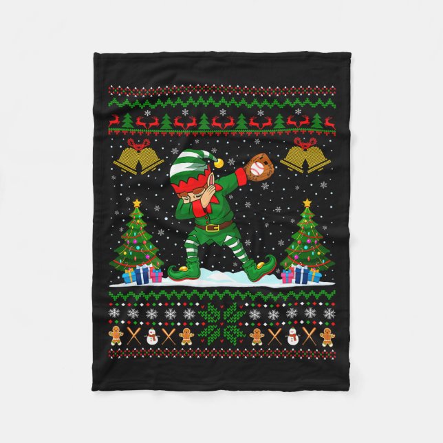 Ugly Xmas Pajamas Dabbing Elf Baseball Player Chri Fleece Blanket (Front)
