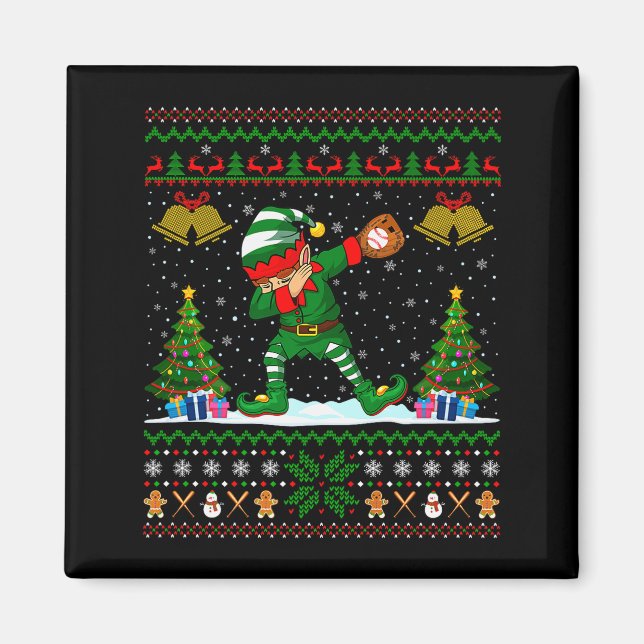 Ugly Xmas Pajamas Dabbing Elf Baseball Player Chri Magnet (Front)