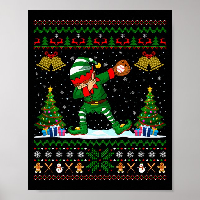 Ugly Xmas Pajamas Dabbing Elf Baseball Player Chri Poster (Front)