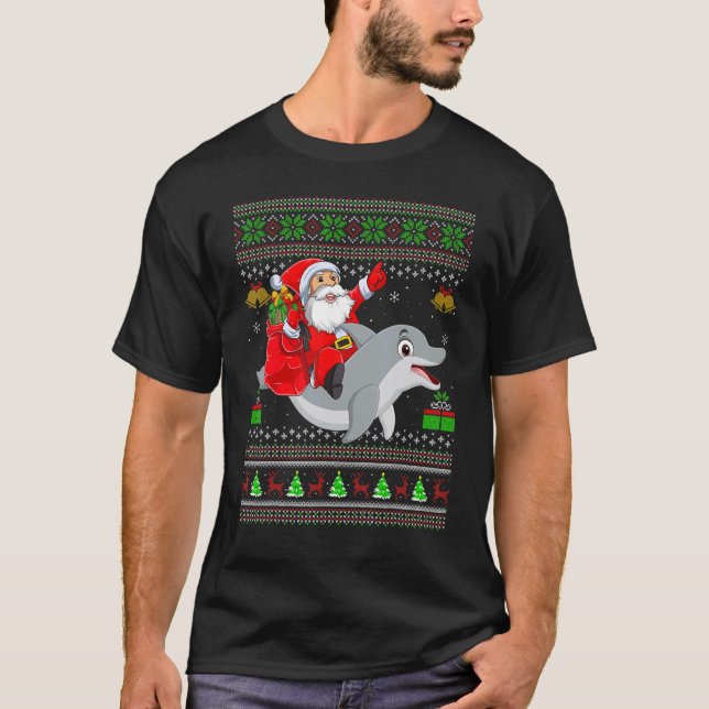 Ugly Xmas Santa Riding Dolphin Fish Christmas T-Shirt (Front)