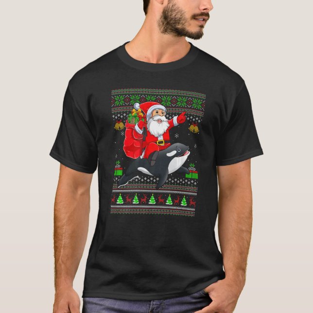 Ugly Xmas Santa Riding Orca Fish Christmas T-Shirt (Front)