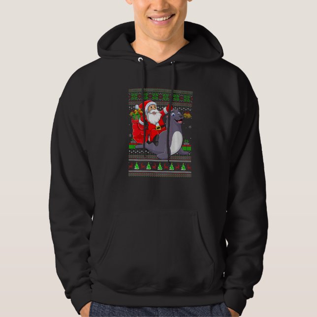Ugly Xmas Santa Riding Seals Christmas Hoodie (Front)