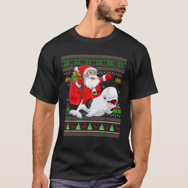 Ugly Xmas Sweater Funny Santa Riding Beluga Whale  (Front)