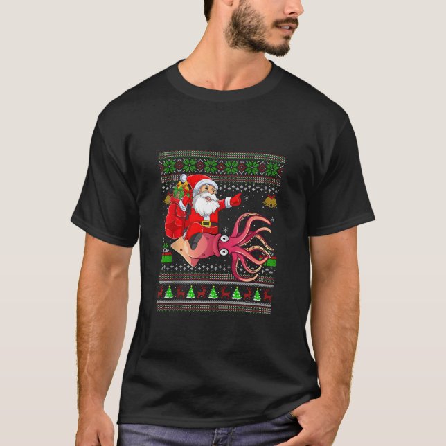 Ugly Xmas Sweater Funny Santa Riding Squid Christm (Front)