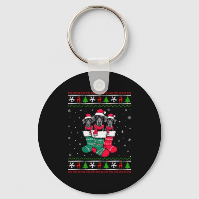 Ugly Xmas Sweater Great Dane Dog In Christmas Sock Key Ring (Front)