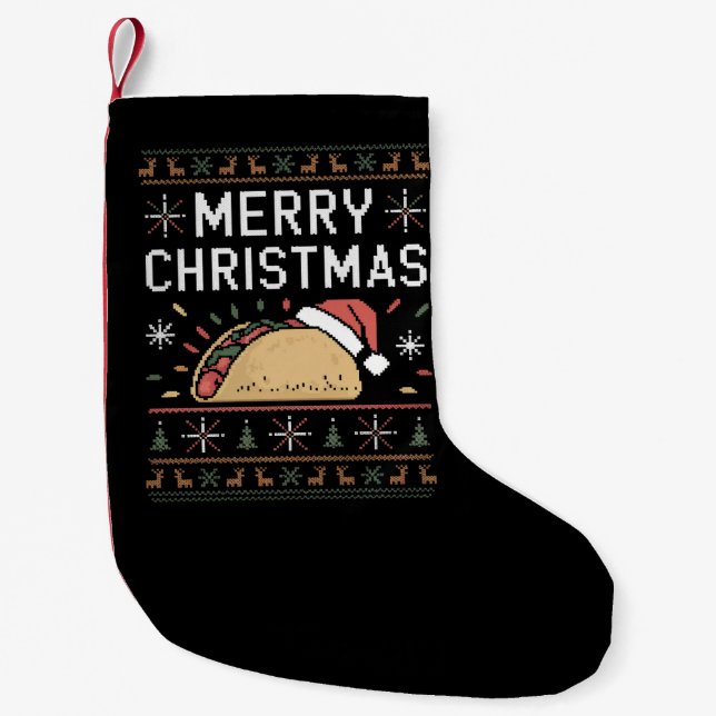 Ugly Xmas Sweater Lights Santa Taco Christmas Small Christmas Stocking (Front)