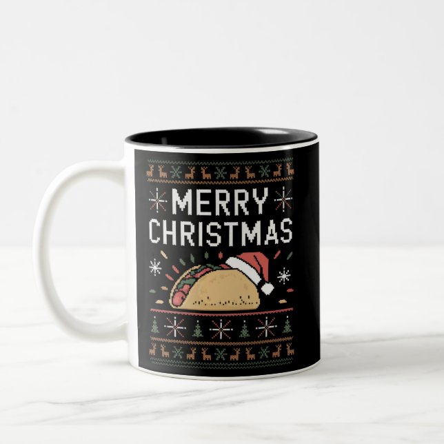 Ugly Xmas Sweater Lights Santa Taco Christmas Two-Tone Coffee Mug (Left)