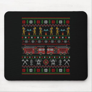 Ugly Xmas Sweater Style Fire Truck Firefighter Chr Mouse Mat