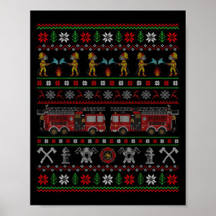 Ugly Xmas Sweater Style Fire Truck Firefighter Chr Poster