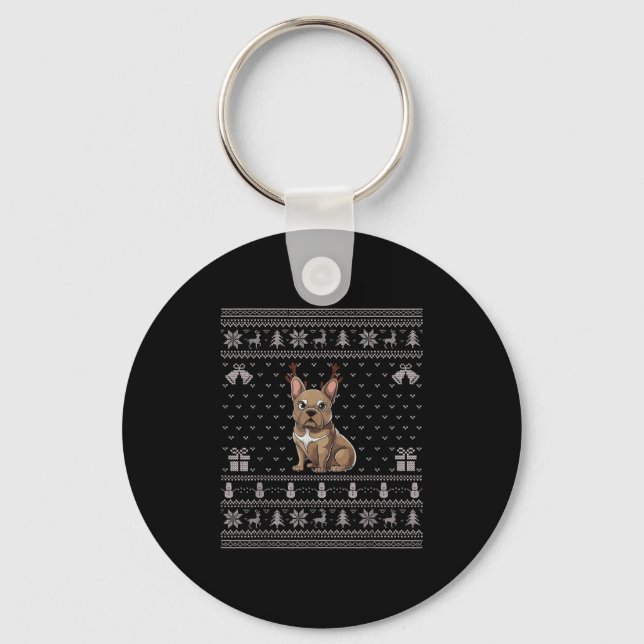 Ugly Xmas Sweater Style Frenchie Dog Reindeer Chri Key Ring (Front)