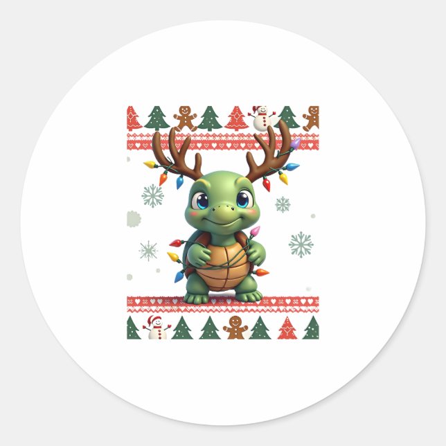 Ugly Xmas Sweater Style Lighting Turtle Christmas  Classic Round Sticker (Front)