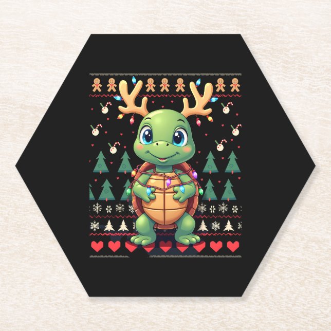 Ugly Xmas Sweater Style Lighting Turtle Christmas  Paper Coaster (Front)