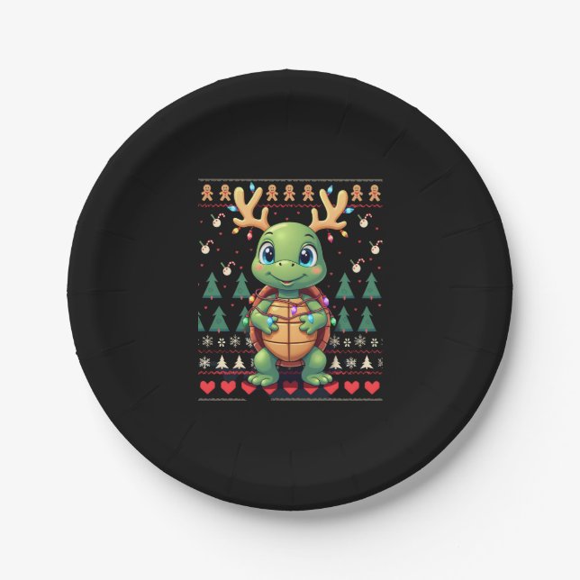 Ugly Xmas Sweater Style Lighting Turtle Christmas  Paper Plate (Front)