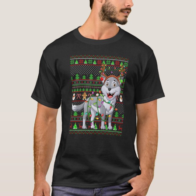 Ugly Xmas Sweater Style Lighting Wolf Christmas   (Front)