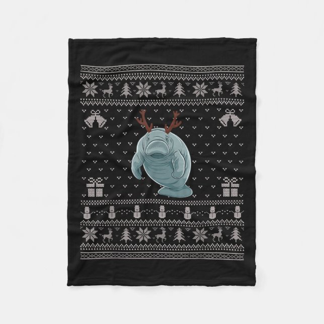 Ugly Xmas Sweater Style Manatee Reindeer Christmas Fleece Blanket (Front)