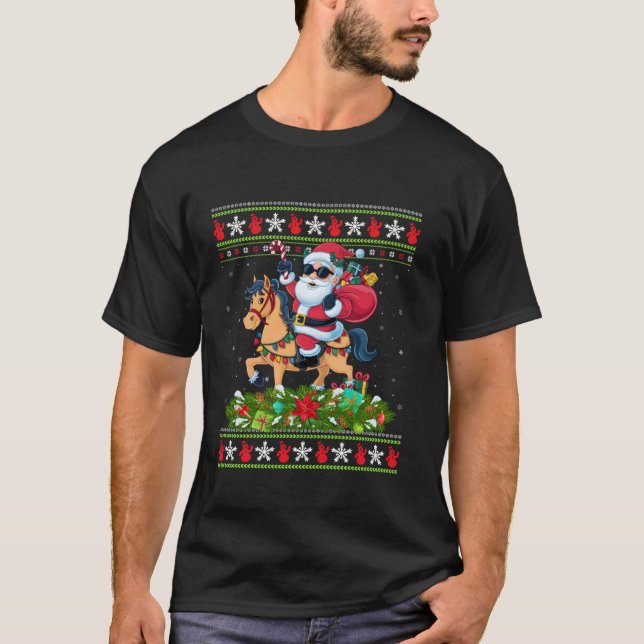 Ugly Xmas Sweater Style Santa Riding Horse Christm (Front)