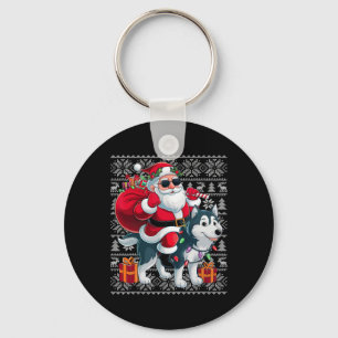Ugly Xmas Sweater Style Santa Riding Husky Dog Chr Key Ring