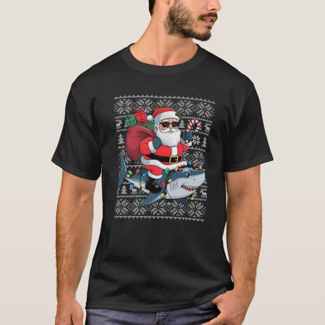 Ugly Xmas Sweater Style Santa Riding Shark Christm (Front)