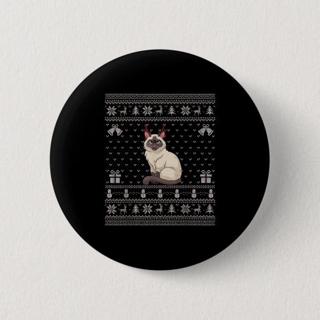 Ugly Xmas Sweater Style Siamese Cat Reindeer Chris 6 Cm Round Badge (Front)