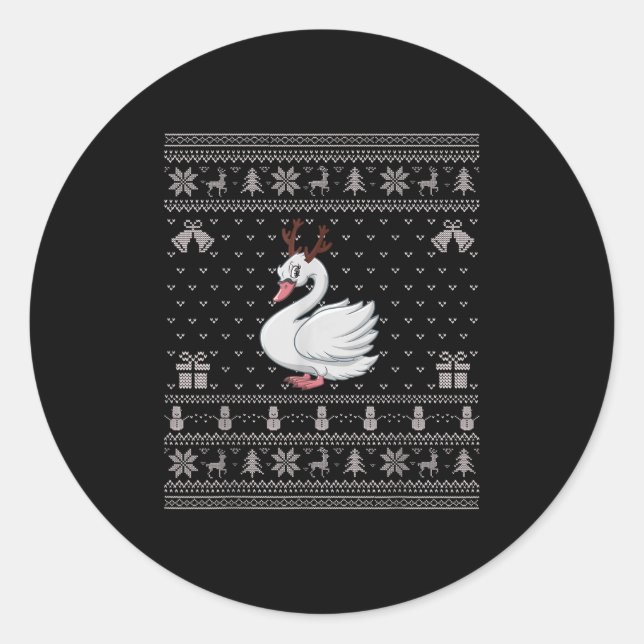 Ugly Xmas Sweater Style Swans Reindeer Christmas  Classic Round Sticker (Front)