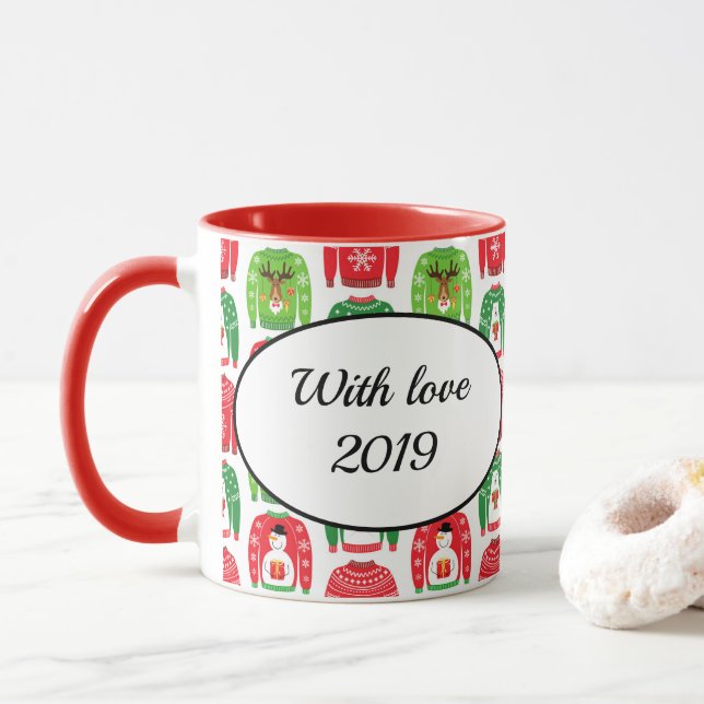 Ugly Xmas Sweaters Polar Bear Snowman Rudolf Red Mug (With Donut)