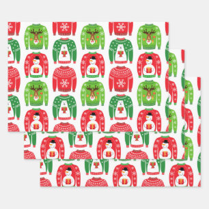 Ugly Xmas Sweaters Polar Bear Snowman Rudolf Red Wrapping Paper Sheet